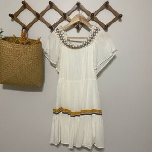 Hayden Gold and White Off-Shoulder Tiered Mini Dress